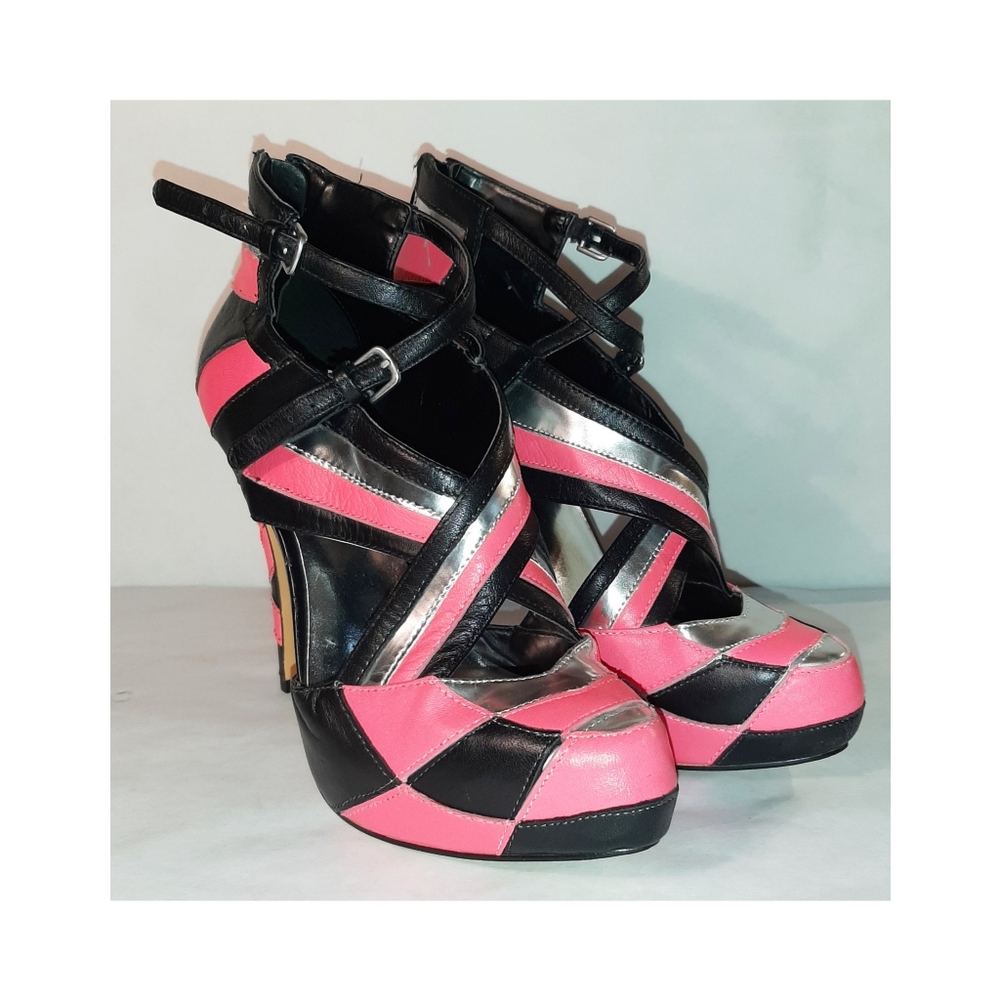 Michael, Calypso, Black, Pink & Silver Platform Strappy, Heels, Leather, Size 7
